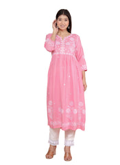 SHITAL CRAFTS Women's Rayon Embroidered vcut Collar Anarkali Kurti with Pant (Pink)
