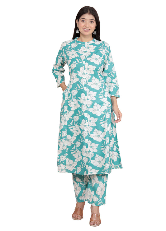 SHITAL CRAFTS Women's Cotton Floral Printed Mandarin Collar A-Line Kurti with Pant (Sky Blue)