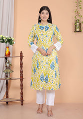 Women's Cotton Printed Mandarin Collar A-Line Kurti with Pant (Lemon)