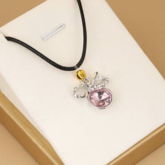 Fashion Crystal Bow Pendant Leather Rope Necklace (Random Color)