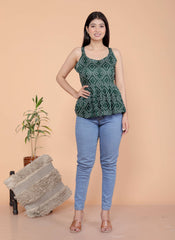 Women's Cotton Printed Sleeveless Short Flared Anarkali Top (Green-M)