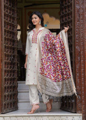 Women's Cotton Embroidered Straight Kurti With Pant and Dupatta Set