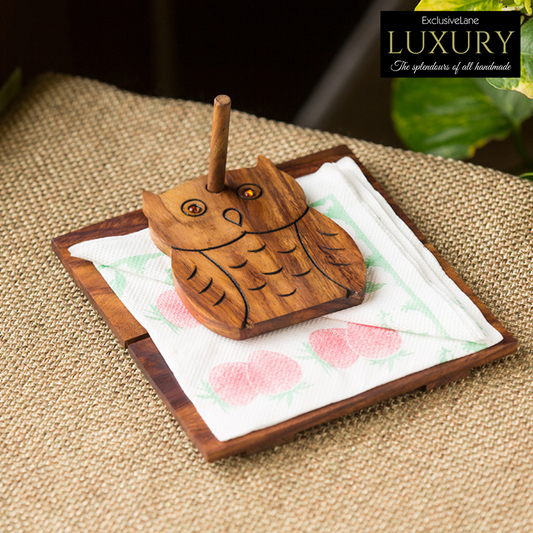 'Owl On Board' Hand Carved Tissue Holder In Sheesham Wood