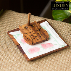 'Owl On Board' Hand Carved Tissue Holder In Sheesham Wood