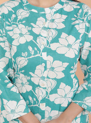 SHITAL CRAFTS Women's Cotton Floral Printed Mandarin Collar A-Line Kurti with Pant (Sky Blue)