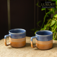 'Caramel Blues' Hand Glazed Studio Pottery Tea & Coffee Mugs In Ceramic (Set of 2, 360 ML, Microwave Safe)