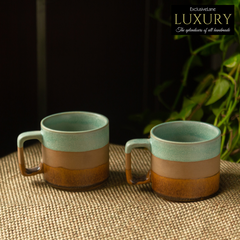 'Mint Chocolate' Hand Glazed Studio Pottery Tea & Coffee Mugs In Ceramic (Set of 2, 362 ML, Microwave Safe)