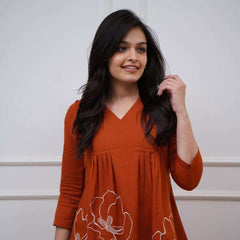 Women's Cotton Embroidered Co-ord Set 2 Piece Top Bottom Set (Orange-)