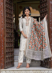 Women's Cotton Embroidered Straight Kurti With Pant and Dupatta Set