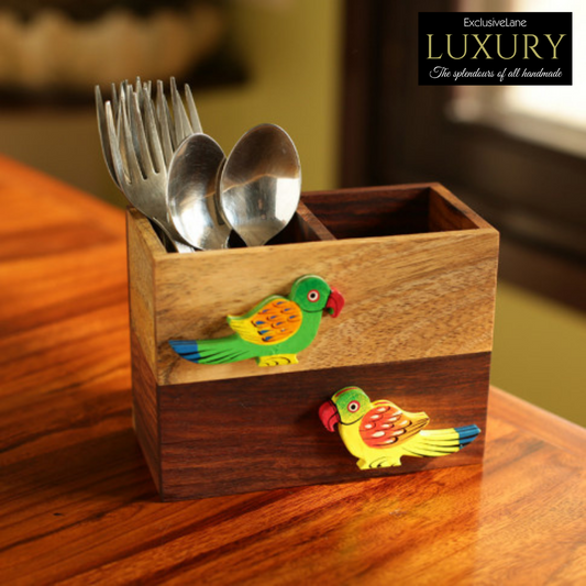 'Birds Of A Feather' Cutlery Cum Napkin Holder In Sheesham & Mango Wood