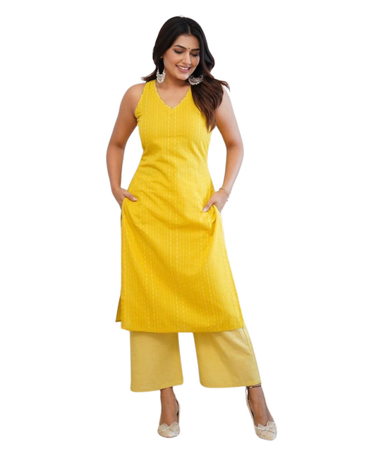 Women's Cotton Printed Sleeveless Straight Kurti With Pant Set (Yellow-)