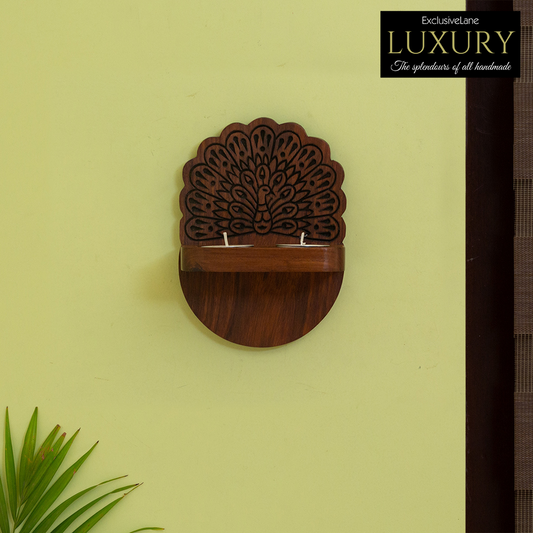 'The Dancing Peacock' Hand Carved Wall Tea Light Holder in Sheesham Wood