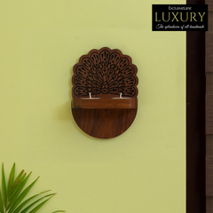 'The Dancing Peacock' Hand Carved Wall Tea Light Holder in Sheesham Wood