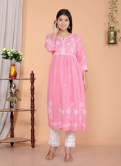 SHITAL CRAFTS Women's Rayon Embroidered vcut Collar Anarkali Kurti with Pant (Pink)