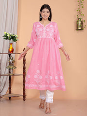 SHITAL CRAFTS Women's Rayon Embroidered vcut Collar Anarkali Kurti with Pant (Pink)