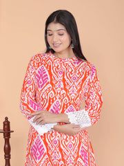 Women's Cotton Printed Mandarin Collar A-Line Kurti with Pant (Orange)