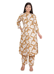 Women's Cotton Floral Printed Mandarin Collar A-Line Kurti with Pant (Brown)