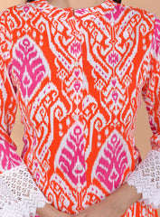 Women's Cotton Printed Mandarin Collar A-Line Kurti with Pant (Orange)