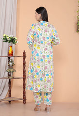 Women's Cotton Floral Printed Mandarin Collar A-Line Kurti with Pant (Cream)