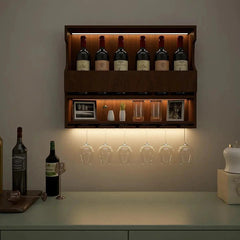 Exquisite Designer Backlit MDF Mini Bar Shelf in Walnut Finish