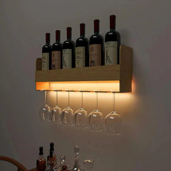 Minimalistic Design Artistic Backlit Wall Mounted Mini Bar Shelf in Light Oak Finish
