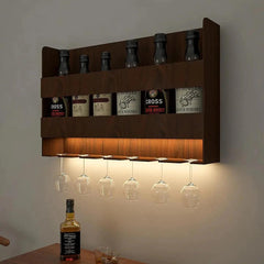 Sturdy Designer Backlit MDF Bar Wall Shelf / Mini Bar Shelf in Walnut Finish