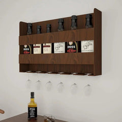 Sturdy Designer Backlit MDF Bar Wall Shelf / Mini Bar Shelf in Walnut Finish