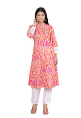 Women's Cotton Printed Mandarin Collar A-Line Kurti with Pant (Orange)