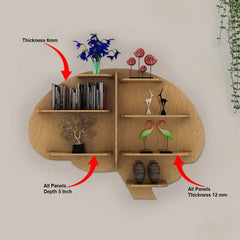 Brain Shape Backlit Designer Wooden Wall Shelf / Book Shelf / Night Light, Light Oak Finish