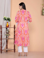 Women's Cotton Printed Mandarin Collar A-Line Kurti with Pant (Orange)