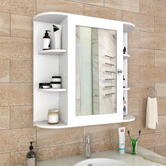 Modern Wooden Bathroom Cabinet Mirror with 10 Spacious Shelves with White Finish
