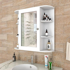 Modern Wooden Bathroom Cabinet Mirror with 10 Spacious Shelves with White Finish
