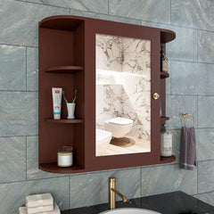 Designer Wooden Bathroom Cabinet Mirror with 10 Spacious Shelves with Brown Finish