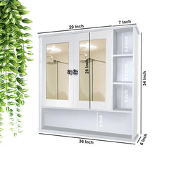 Premium Space Saving Bathroom Mirror Cabinet with 6 Spacious Shelves with Wooden White Finish