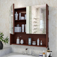 Beautiful Wooden Bathroom Organizer Cabinet with Mirror & 4 Spacious Shelves with Brown Finish