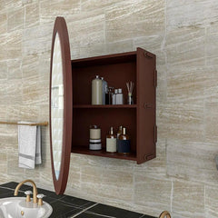 Modish Circular Shaped Wooden Bathroom Cabinet Mirror with 2 Spacious Shelves with Brown Finish