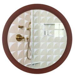 Modish Circular Shaped Wooden Bathroom Cabinet Mirror with 2 Spacious Shelves with Brown Finish