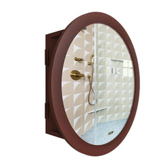 Modish Circular Shaped Wooden Bathroom Cabinet Mirror with 2 Spacious Shelves with Brown Finish