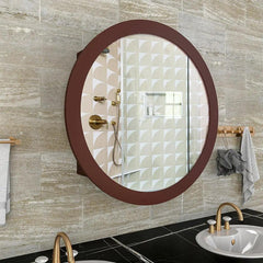Modish Circular Shaped Wooden Bathroom Cabinet Mirror with 2 Spacious Shelves with Brown Finish