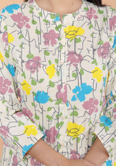 Women's Cotton Floral Printed Mandarin Collar A-Line Kurti with Pant (Cream)