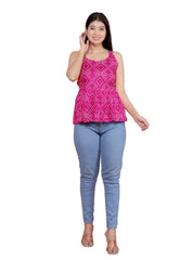 Women's Cotton Printed Sleeveless Short Flared Anarkali Top (Pink-M)