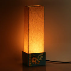 'The Blueberry Elephant' Madhubani Hand-Painted Square Table Lamp In Wood