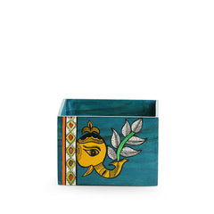 'The Blueberry Elephant' Madhubani Hand-Painted Square Table Lamp In Wood