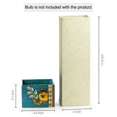 'The Blueberry Elephant' Madhubani Hand-Painted Square Table Lamp In Wood