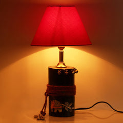 'The Red-Shade Log' Madhubani Hand-Painted Table Lamp In Wood