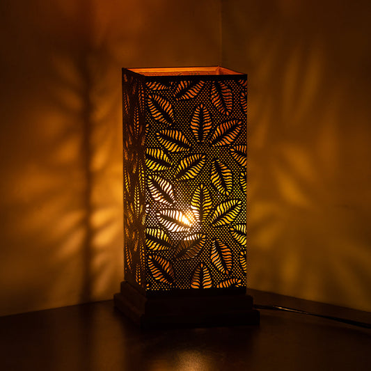 'Leafy Plants' Hand Etched Table Lamp In Iron & Mango Wood (30.5 cm)