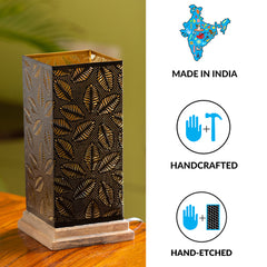 'Leafy Plants' Hand Etched Table Lamp In Iron & Mango Wood (30.5 cm)