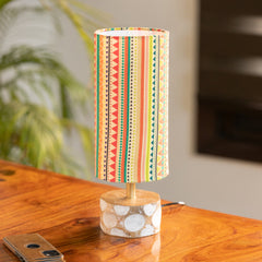 'Vibrant Hues' Handcrafted Round Table Lamp In Mango Wood (35.6 cm)