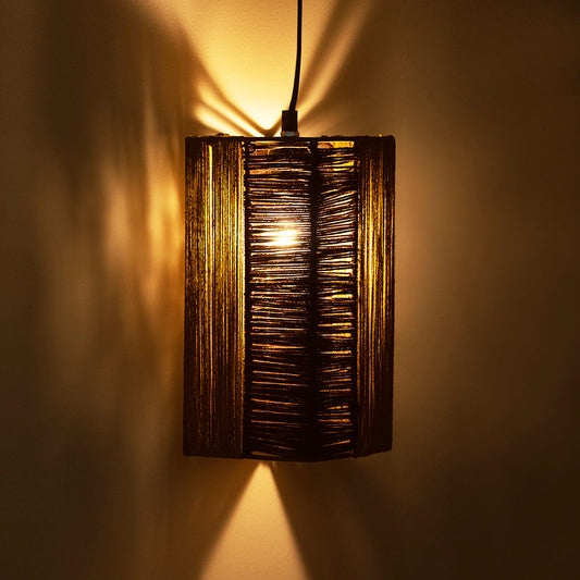 'Jute Glimmers' Handwoven Cuboidal Hanging Pendant Lamp In Jute & Iron (27.9 cm)