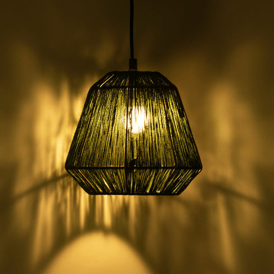 'Jute Gleams' Handwoven Cylindrical Hanging Pendant Lamp In Jute & Iron (22.9 cm)